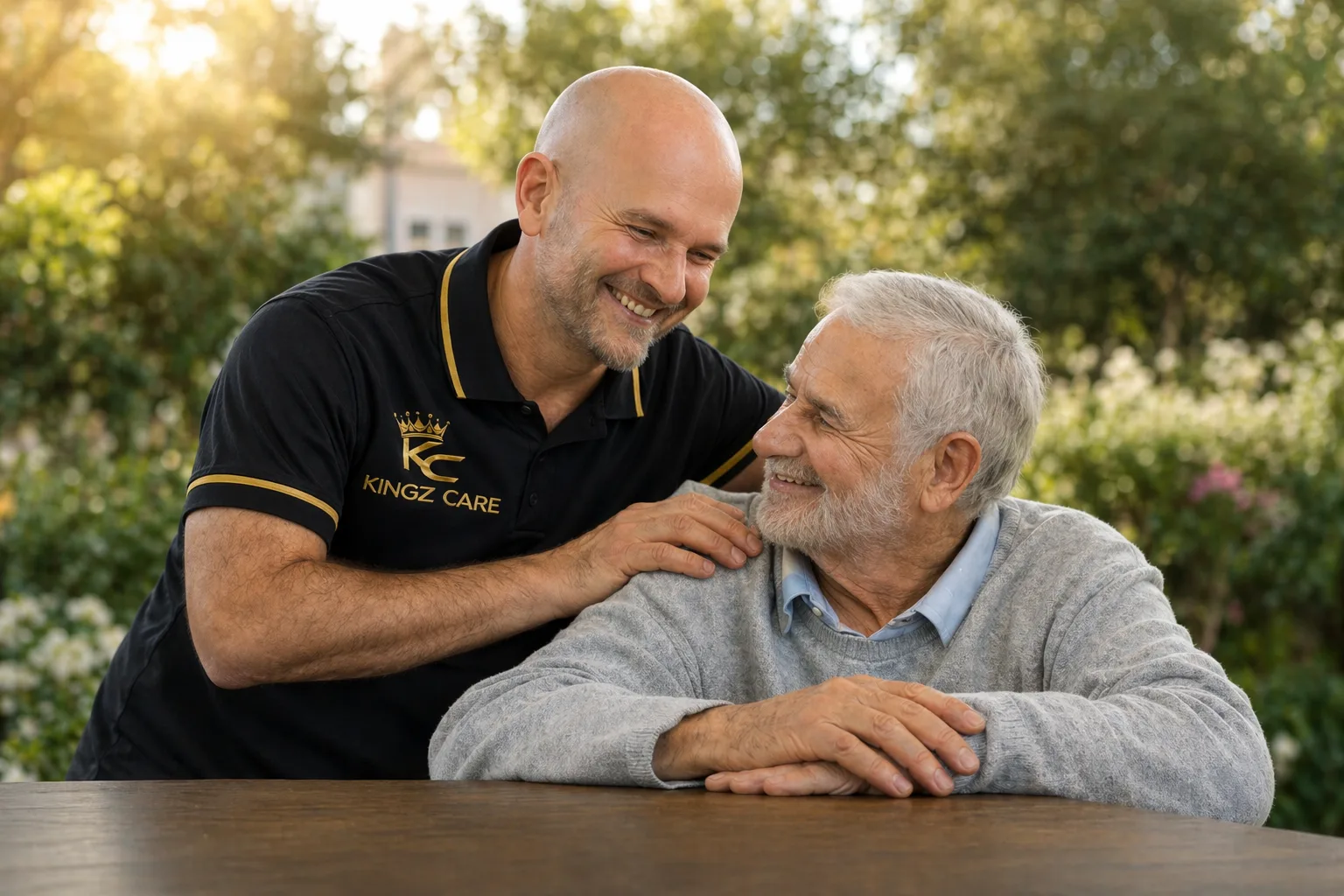 A KINGZCare caregiver sharing a warm moment with a client